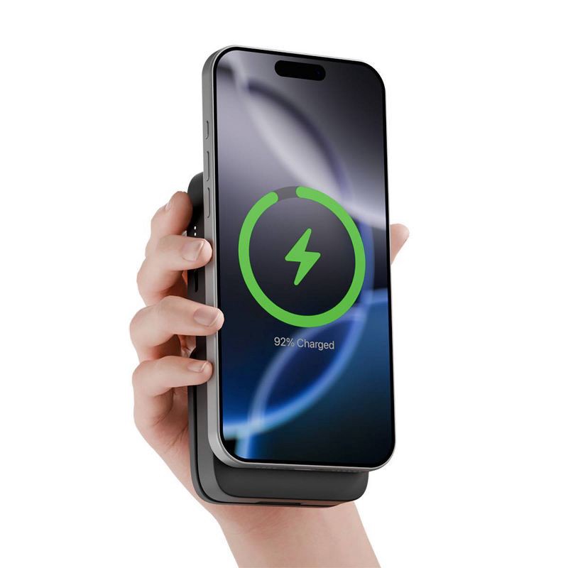 slide 5 of 7, myCharge 6000mAh 20W EcoHub Wireless Power Bank and Stand In One with Wall Plug, Charges iPhone, AirPods and iWatch - Black, 1 ct