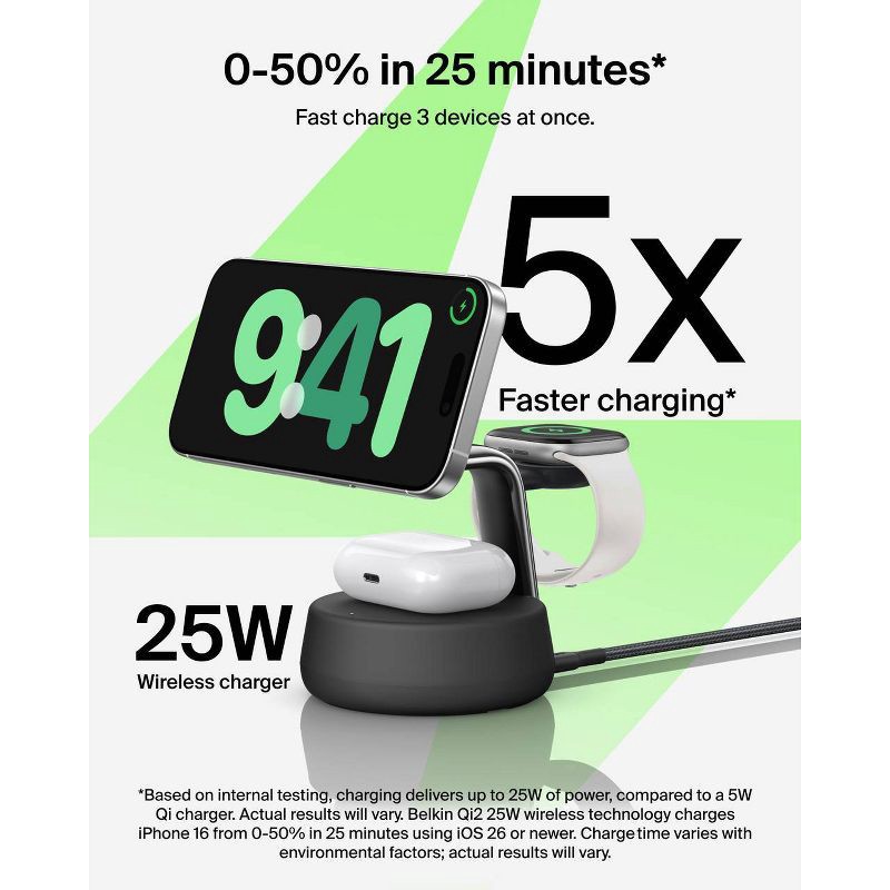 slide 5 of 8, Belkin 25W Qi2 Wireless 3-in-1 Stand - Charcoal Gray, 1 ct