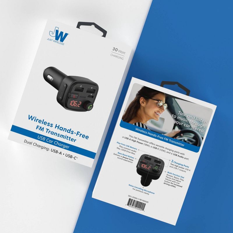 slide 4 of 5, Just Wireless Bluetooth FM Transmitter Type C and USB-A Charging Port Bass Sound Booster - Black, 1 ct