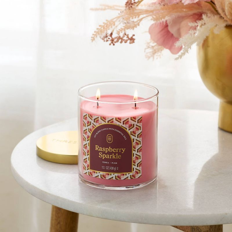 slide 2 of 3, 2 Wick Lidded Glass Raspberry Sparkle Berry Jar Candle Pink 15.1oz - Threshold™, 15.1 oz