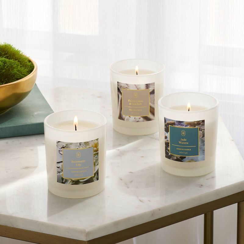 slide 2 of 3, 3pk Giftset Jade Waters/Rainwater Lily/Fresh Linen and Sea Salt Jar Candle White - Threshold™, 3 ct