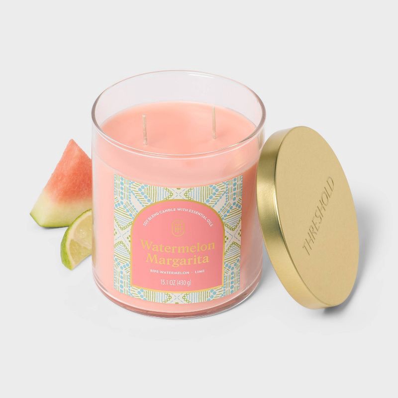 slide 3 of 3, 2 Wick Lidded Glass Watermelon Margarita Jar Candle Orange 15.1oz - Threshold™, 15.1 oz