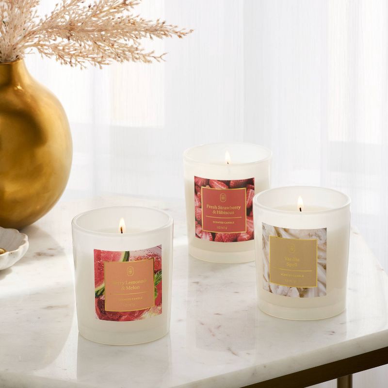 slide 2 of 3, 3pk Giftset Strawberry Hibiscus/Vanilla Spell/Berry Lemonade and Melon Jar Candle White - Threshold™, 3 ct