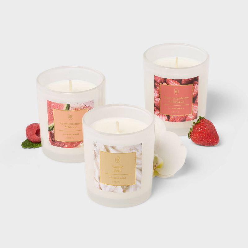 slide 3 of 3, 3pk Giftset Strawberry Hibiscus/Vanilla Spell/Berry Lemonade and Melon Jar Candle White - Threshold™, 3 ct