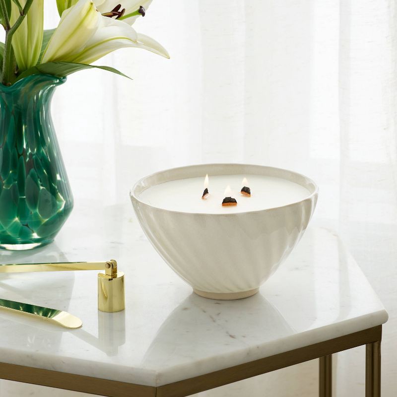 slide 2 of 4, 3 Wick Ceramic Wooden Wick Amber Sunrise Candle 22oz - Threshold™, 22 oz