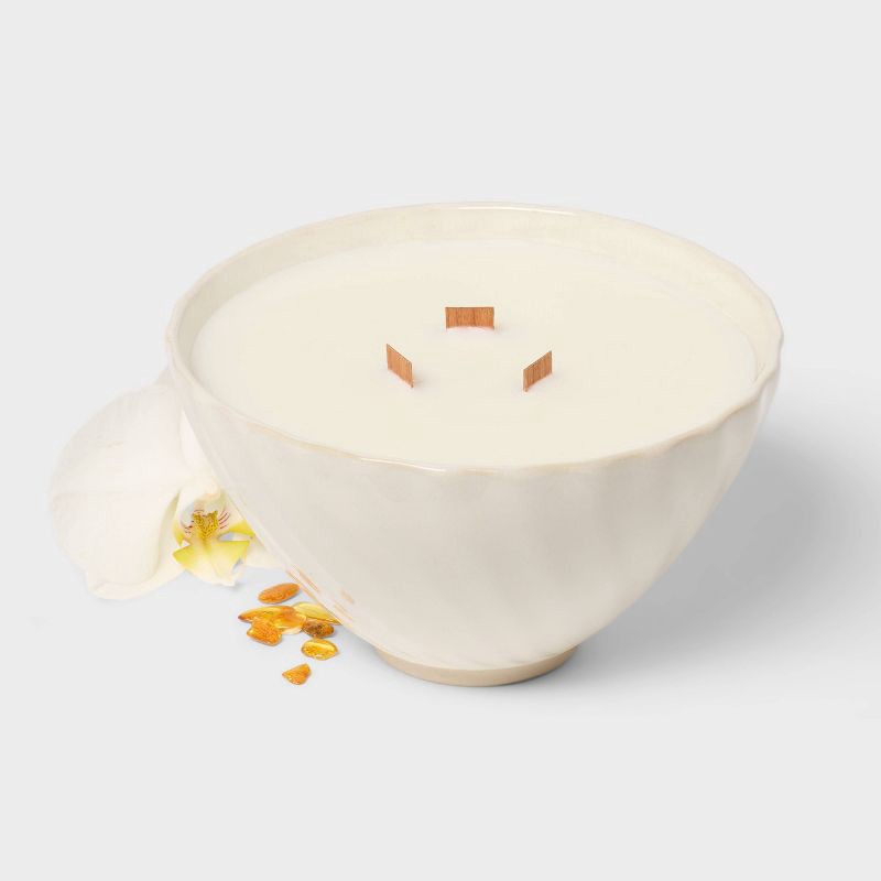 slide 3 of 4, 3 Wick Ceramic Wooden Wick Amber Sunrise Candle 22oz - Threshold™, 22 oz