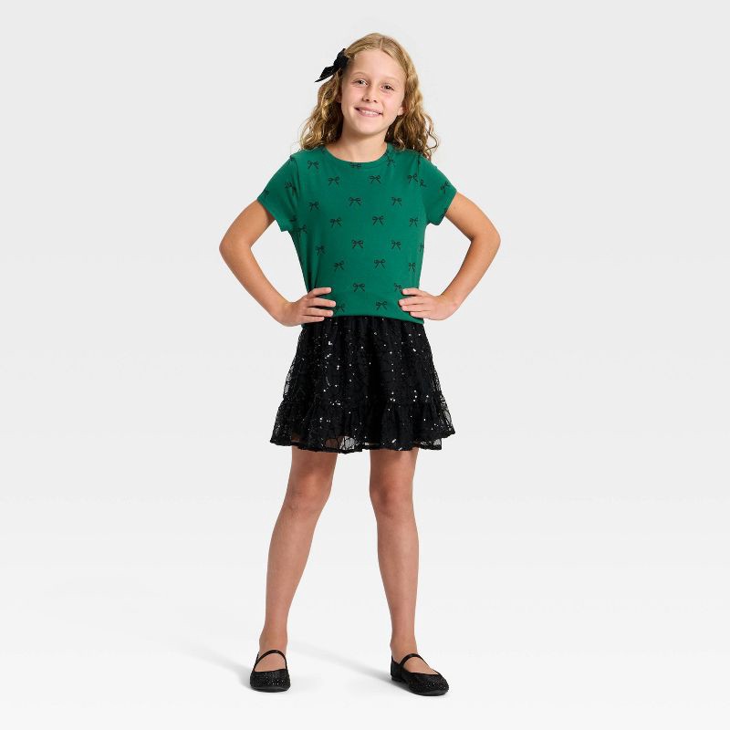 slide 3 of 3, Girls' Short Sleeve Bows Printed Classic Fit T-Shirt - Cat & Jack™ Jade Green S, 1 ct