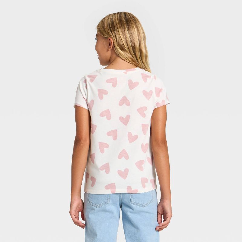 slide 2 of 3, Girls' Short Sleeve Hearts Printed Classic Fit T-Shirt - Cat & Jack™ Off-White XL, 1 ct