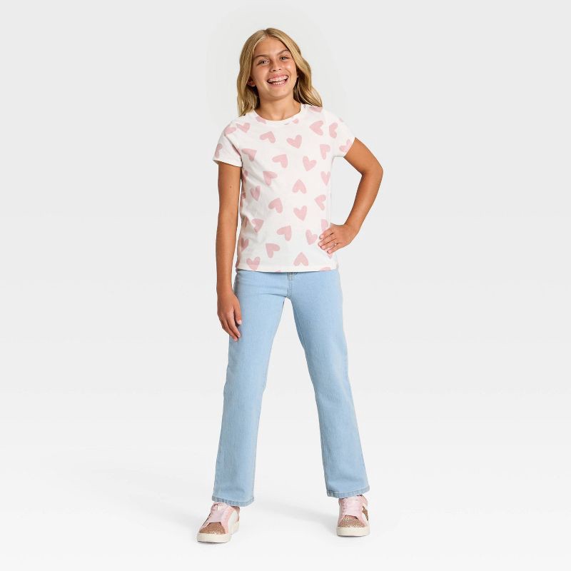 slide 3 of 3, Girls' Short Sleeve Hearts Printed Classic Fit T-Shirt - Cat & Jack™ Off-White XL, 1 ct