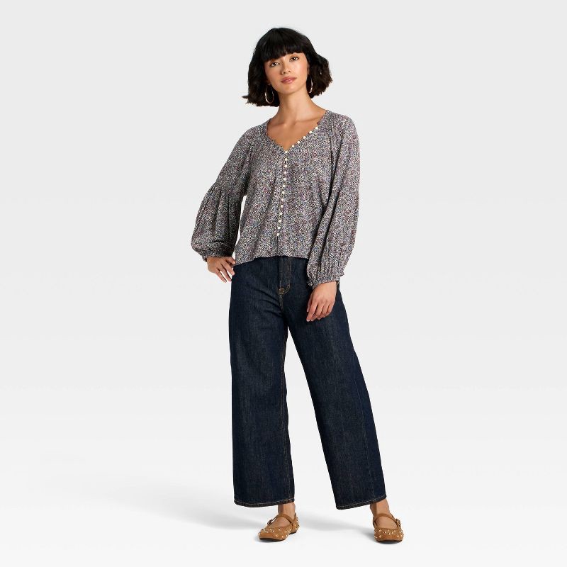 slide 3 of 3, Women's Balloon Long Sleeve Button-Down Blouse - Universal Thread™ Navy Blue Abstract XL, 1 ct