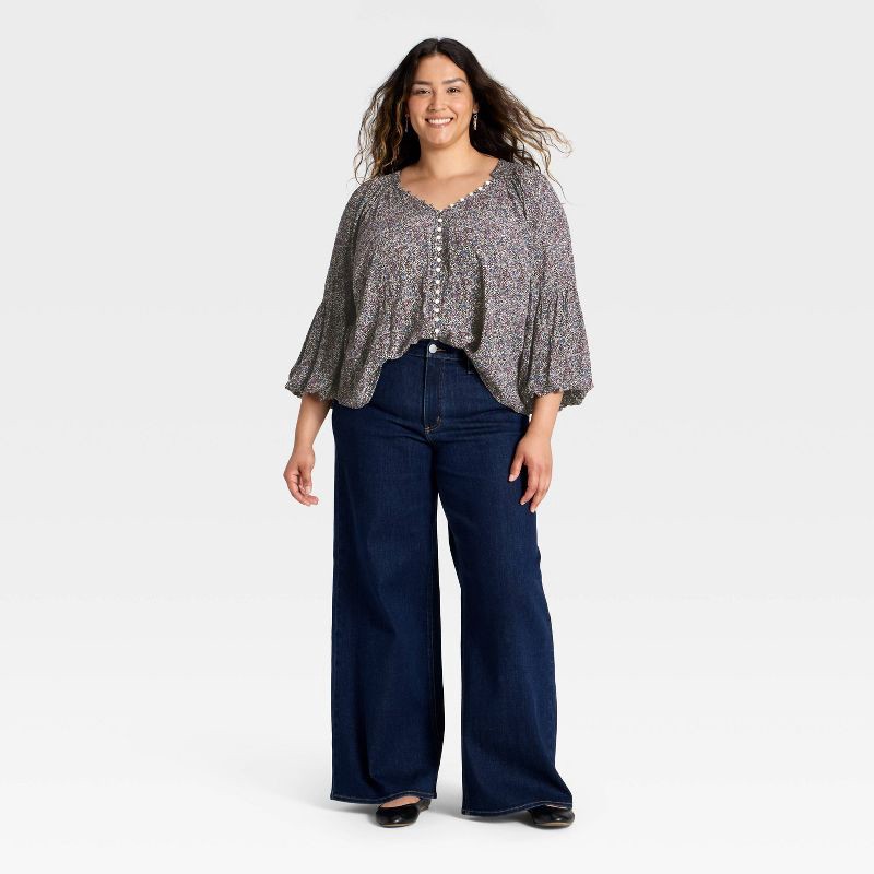 slide 3 of 3, Women's Balloon Long Sleeve Button-Down Blouse - Universal Thread™ Navy Blue Abstract XXL, 1 ct