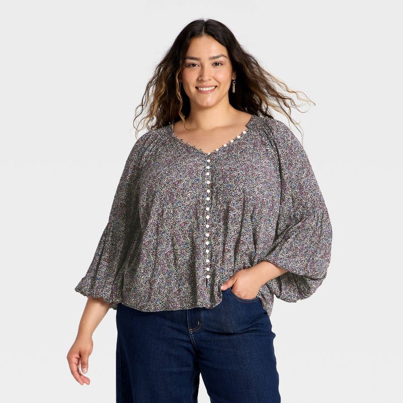 slide 1 of 3, Women's Balloon Long Sleeve Button-Down Blouse - Universal Thread™ Navy Blue Abstract XXL, 1 ct