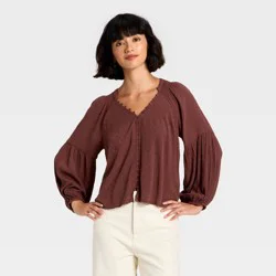 Women's Balloon Long Sleeve Front Button-Down Blouse - Universal Thread™ Burgundy M