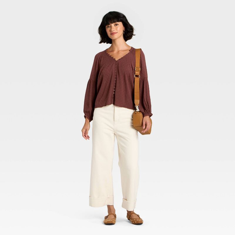 slide 3 of 3, Women's Balloon Long Sleeve Button-Down Blouse - Universal Thread™ Burgundy L, 1 ct