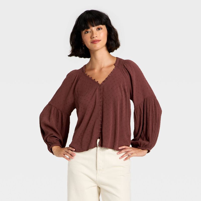 slide 1 of 3, Women's Balloon Long Sleeve Button-Down Blouse - Universal Thread™ Burgundy XL, 1 ct