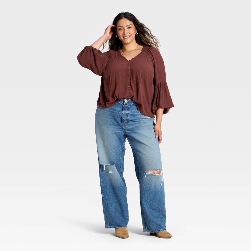 slide 3 of 3, Women's Balloon Long Sleeve Button-Down Blouse - Universal Thread™ Burgundy XXL, 1 ct