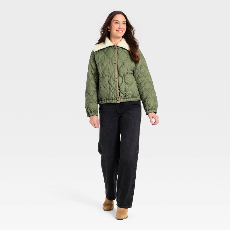 slide 3 of 3, Women's Quilted Jacket - Universal Thread™ Olive Green XS, 1 ct