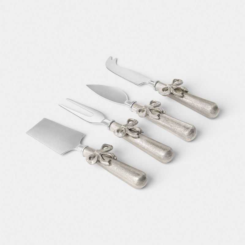 slide 3 of 8, 4pk Bow Cheese Tool Set Silver - Threshold™, 4 ct