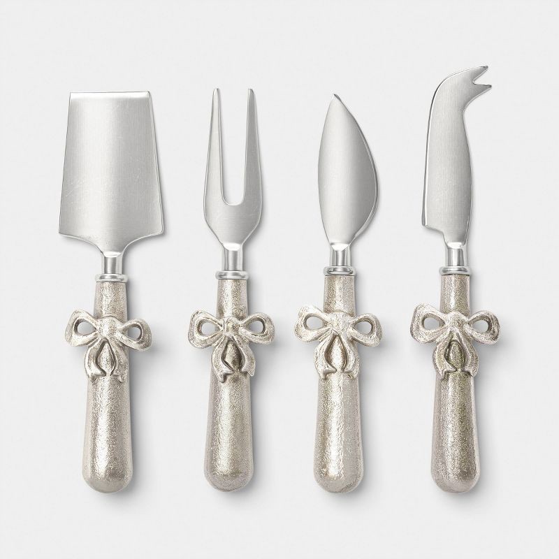 slide 1 of 8, 4pk Bow Cheese Tool Set Silver - Threshold™, 4 ct