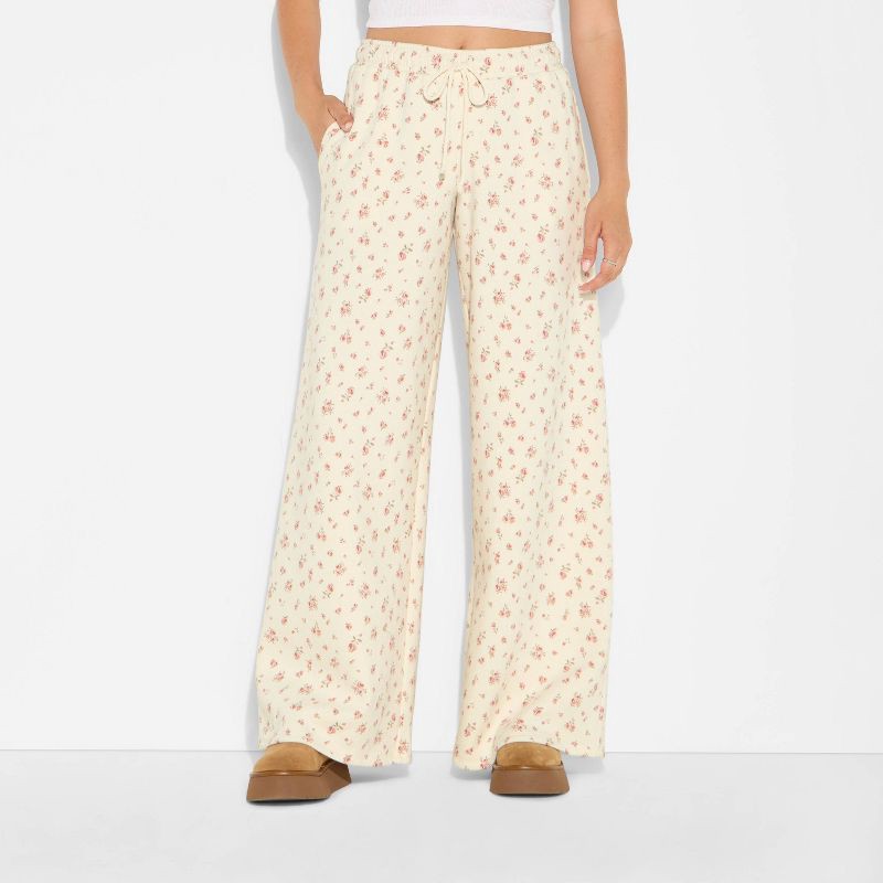 slide 2 of 3, Women's Low-Rise Super Wide Leg Pull-On Pants - Wild Fable™ Ivory Floral XS, 1 ct