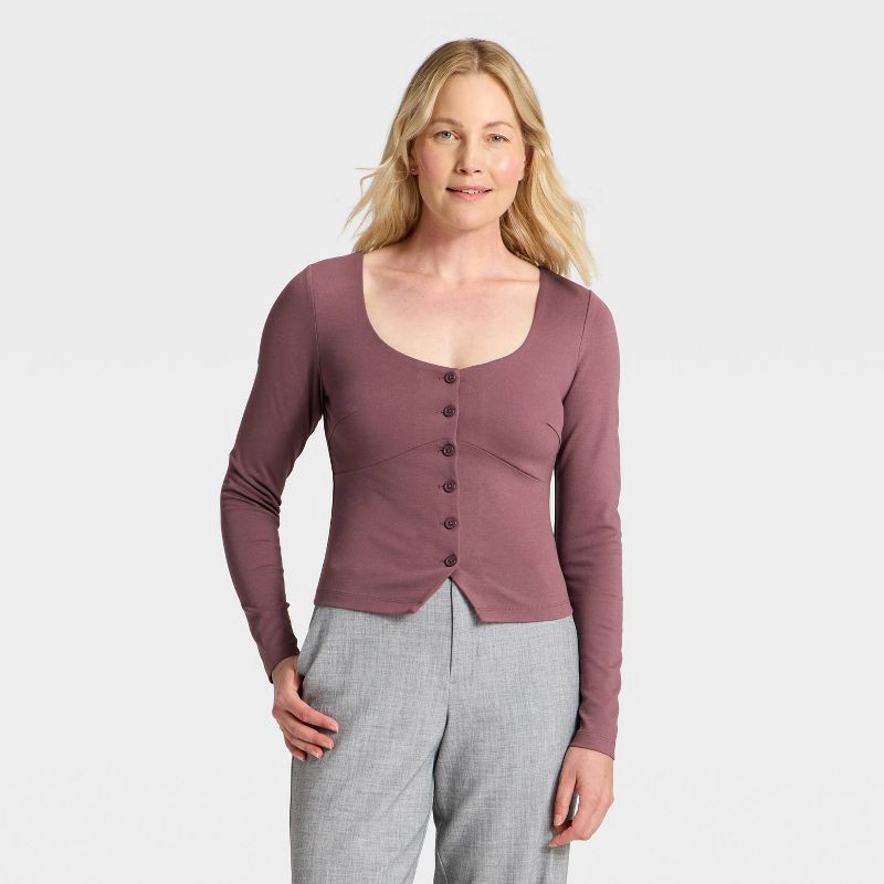 slide 1 of 4, Women's Ponte Button-Front Long Sleeve Top - A New Day™ Mauve XS, 1 ct