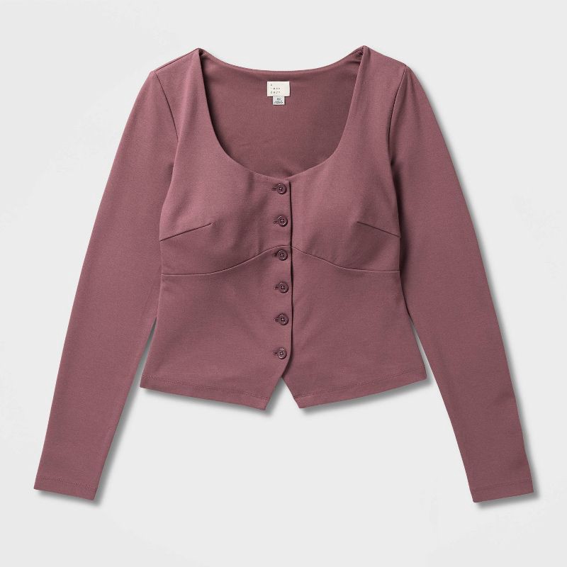 slide 4 of 4, Women's Ponte Button-Front Long Sleeve Top - A New Day™ Mauve M, 1 ct