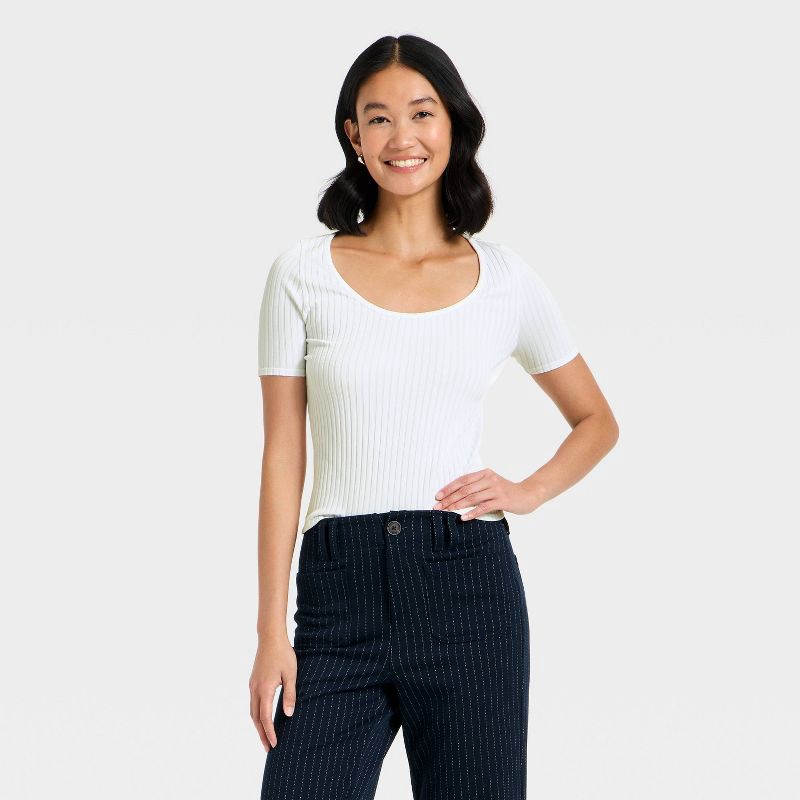 slide 1 of 4, Women's Slim Fit Ribbed Seamless Scoop Neck T-Shirt - A New Day™ White M, 1 ct