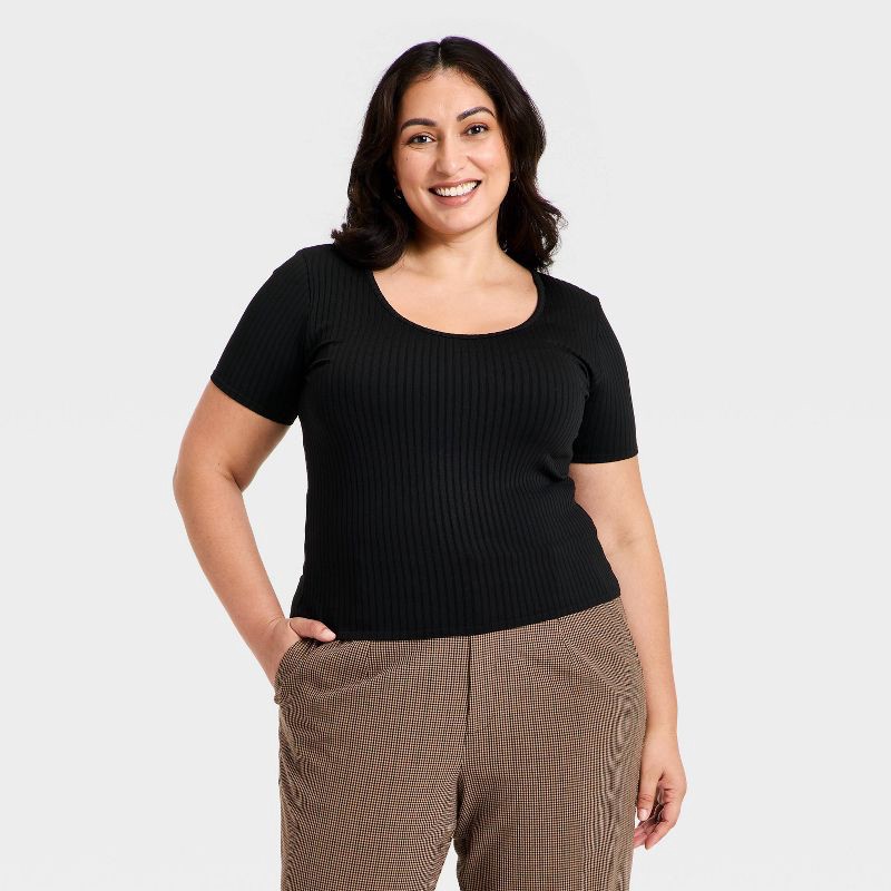 slide 1 of 3, Women's Slim Fit Ribbed Seamless Scoop Neck T-Shirt - A New Day™ Black XXL, 1 ct