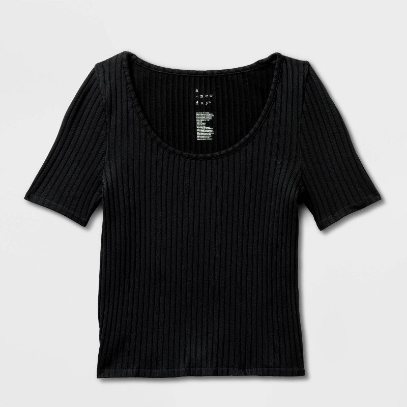 slide 4 of 4, Women's Slim Fit Ribbed Seamless Scoop Neck T-Shirt - A New Day™ Black M, 1 ct