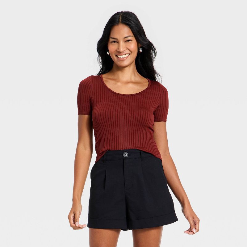 slide 1 of 4, Women's Slim Fit Ribbed Seamless Scoop Neck T-Shirt - A New Day™ Maroon XL, 1 ct