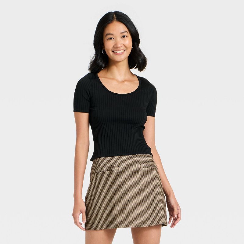 slide 1 of 4, Women's Slim Fit Ribbed Seamless Scoop Neck T-Shirt - A New Day™ Black L, 1 ct