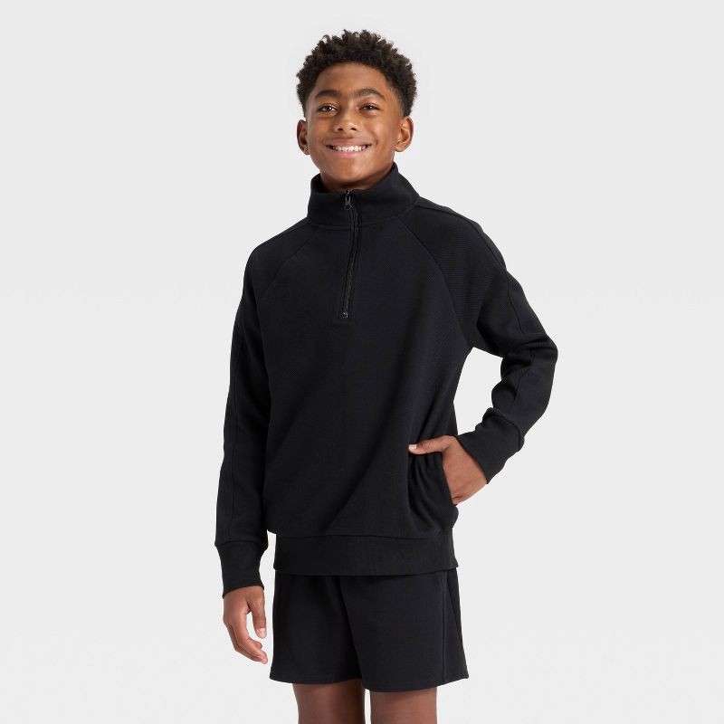 slide 1 of 3, Boys' Textured Knit Quarter Zip Pullover Sweatshirt - art class™ Black M, 1 ct