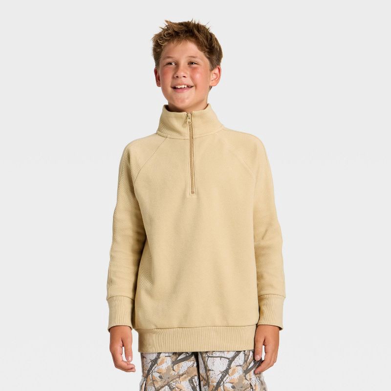 slide 1 of 3, Boys' Textured Knit Quarter Zip Pullover Sweatshirt - art class™ Beige M, 1 ct