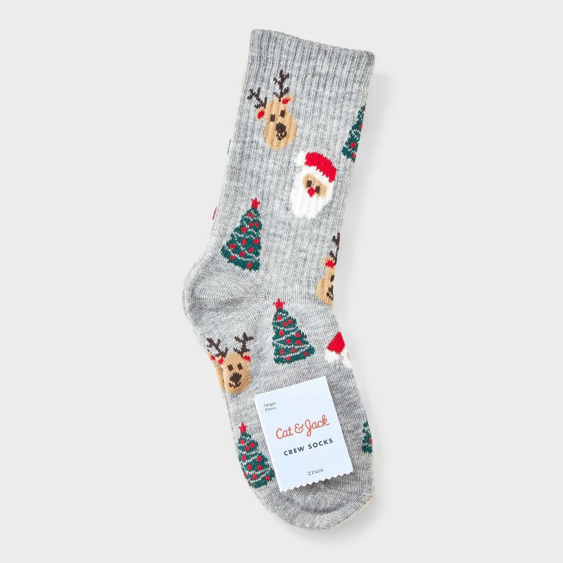 slide 2 of 3, Kids' 2pk Christmas Tree & Santa Ribbed Crew Socks - Cat & Jack™ L, 2 ct