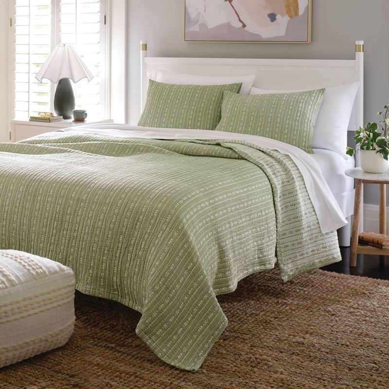 slide 2 of 5, 3pc Full/Queen Reversible Lightweight Matelasse Quilt and Shams Set Tinker Stripe Green - Threshold™, 3 ct