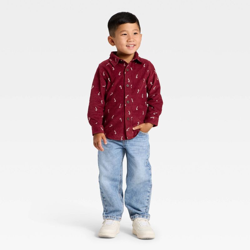 slide 3 of 3, Toddler Boys' Long Sleeve Candy Cane Button-Up Shirt - Cat & Jack™ Maroon 18M, 1 ct