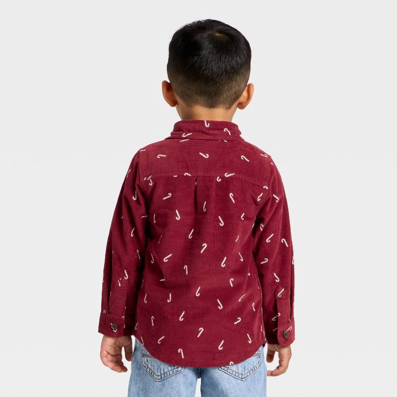 slide 2 of 3, Toddler Boys' Long Sleeve Candy Cane Button-Up Shirt - Cat & Jack™ Maroon 4T, 1 ct