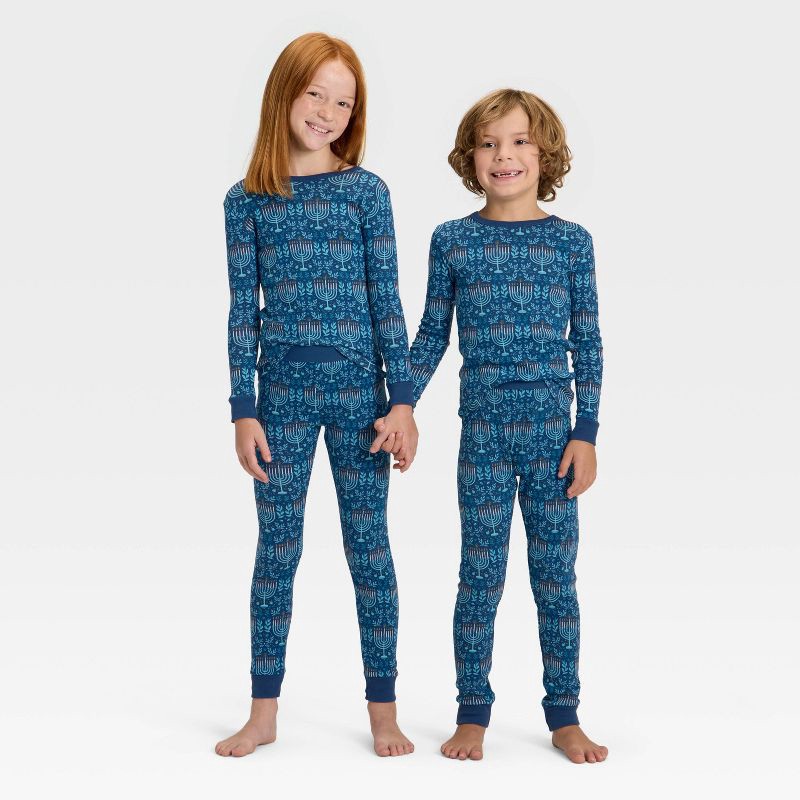 slide 1 of 5, Kids' Hanukkah Ribbed Long Sleeve Shirt and Pants Holiday Matching Family Pajama Set - Wondershop™ Blue 8, 1 ct