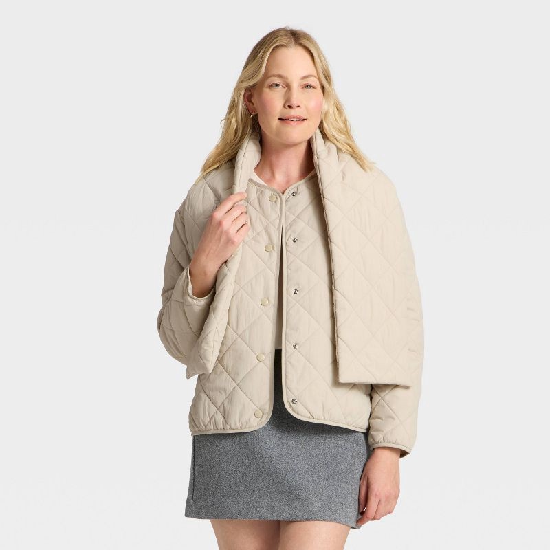 slide 1 of 3, Women's Quilted Scarf Jacket - A New Day™ Cream S, 1 ct