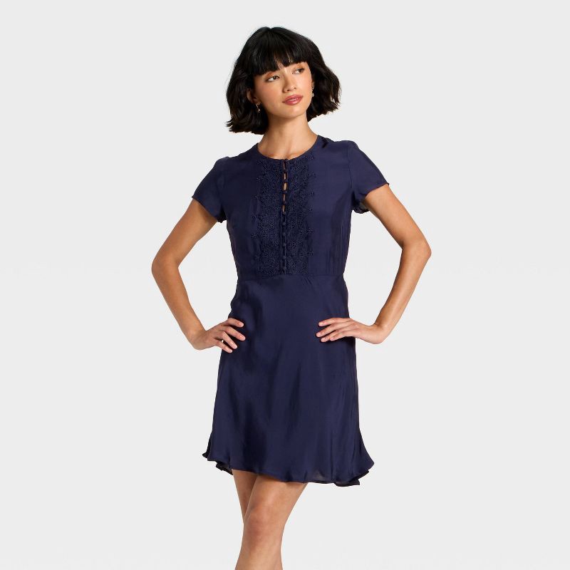 slide 1 of 3, Women's Short Sleeve Mini A-Line Dress - Universal Thread™ Navy Blue XS, 1 ct