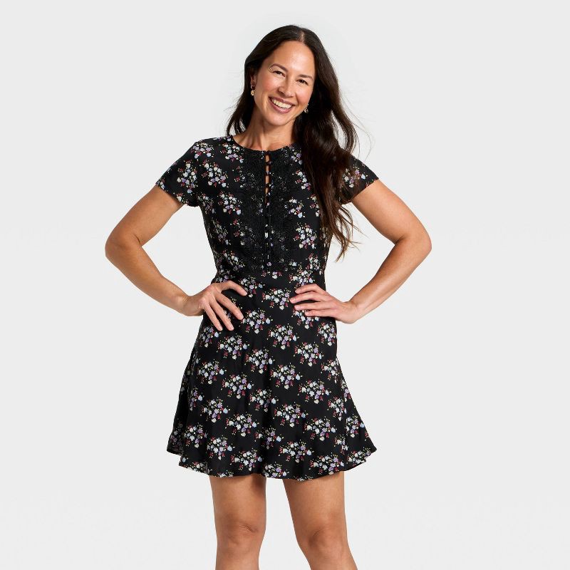 slide 1 of 3, Women's Short Sleeve Mini A-Line Dress - Universal Thread™ Black Floral XS, 1 ct