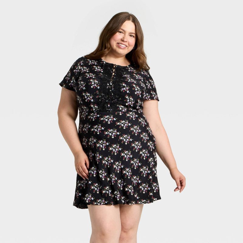 slide 1 of 3, Women's Short Sleeve Mini A-Line Dress - Universal Thread™ Black Floral XXL, 1 ct