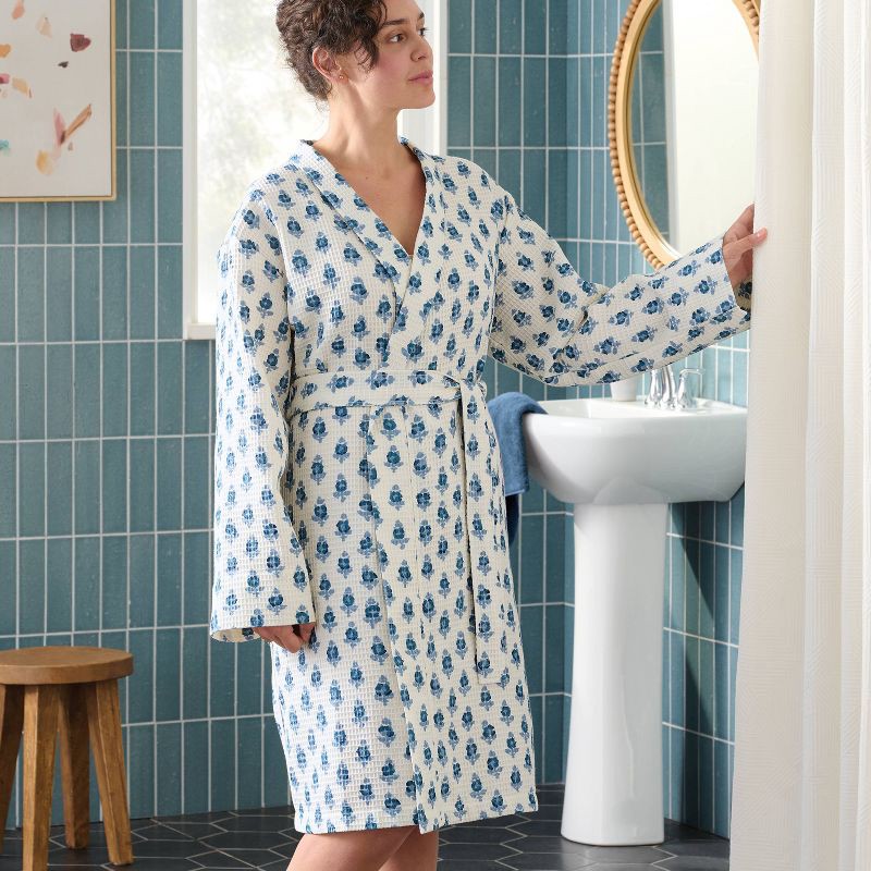 slide 2 of 3, L/XL Floral Waffle Bath Robe Blue/White - Threshold™, 1 ct