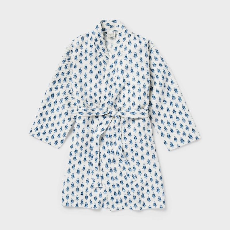 slide 3 of 3, L/XL Floral Waffle Bath Robe Blue/White - Threshold™, 1 ct
