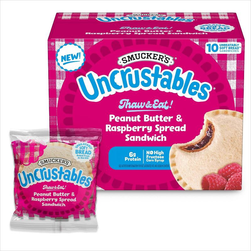 slide 2 of 9, Smucker's Uncrustables Frozen Peanut Butter & Raspberry Spread Sandwich - 20oz/10ct, 10 ct; 20 oz