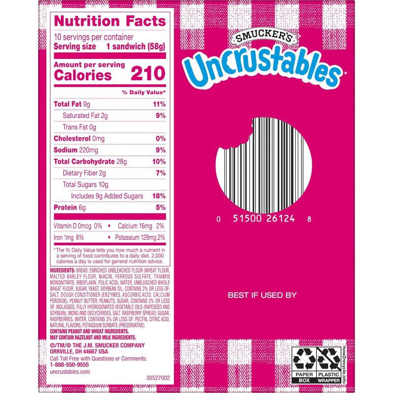 slide 7 of 9, Smucker's Uncrustables Frozen Peanut Butter & Raspberry Spread Sandwich - 20oz/10ct, 10 ct; 20 oz