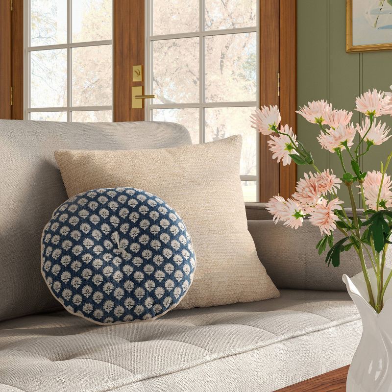 slide 2 of 5, Round Block Print Pillow Blue/Neutral - Threshold™, 1 ct