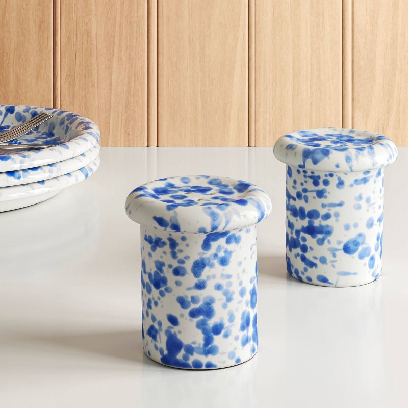 slide 2 of 3, Stoneware Salt and Pepper Shaker Set Blue Splatter - Room Essentials™, 1 ct