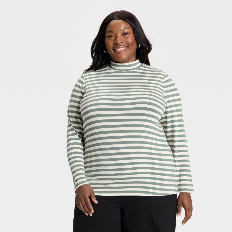 slide 1 of 3, Women's Slim Fit Long Sleeve Mock Turtleneck T-Shirt - Ava & Viv™ Olive Green Striped 1X, 1 ct