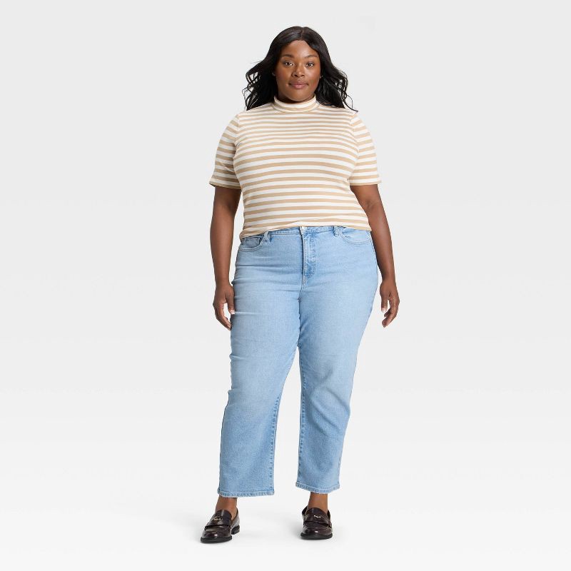 slide 3 of 3, Women's Slim Fit Short Sleeve Mock Turtleneck T-Shirt - Ava & Viv™ Tan Striped 1X, 1 ct